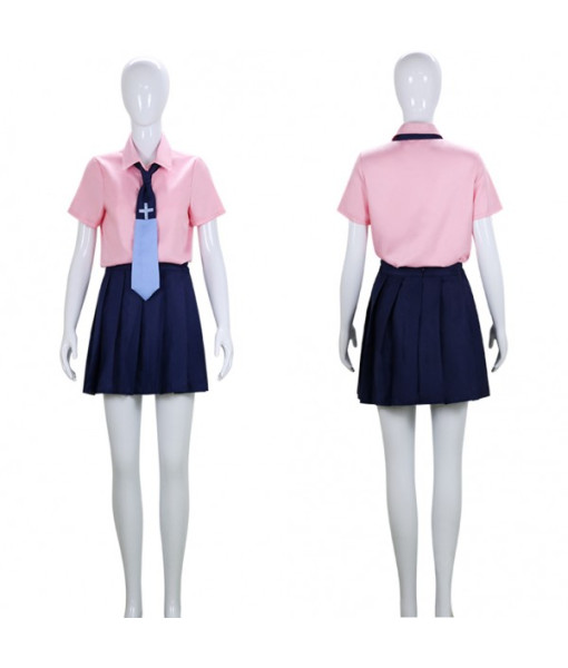 Women Pink Shirt Blue Tie School Uniform Jk Uniform Halloween Costume