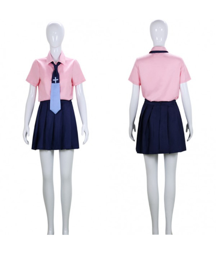Women Pink Shirt Blue Tie School Uniform Jk Uniform Halloween Costume