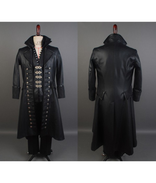 Men Black Leather Coat Pirate Role Play Halloween Costume 