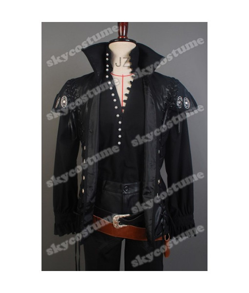 Men Black Leather Coat Pirate Role Play Halloween Costume 