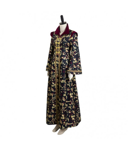 Women Fantasy Royal Black Golden Printed Long Dress Halloween Carnival Costume