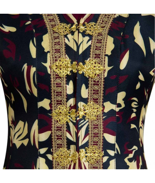 Women Fantasy Royal Black Golden Printed Long Dress Halloween Carnival Costume