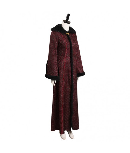 Women Medieval Dark Red Fur Collar Dress Queen Halloween Costume 