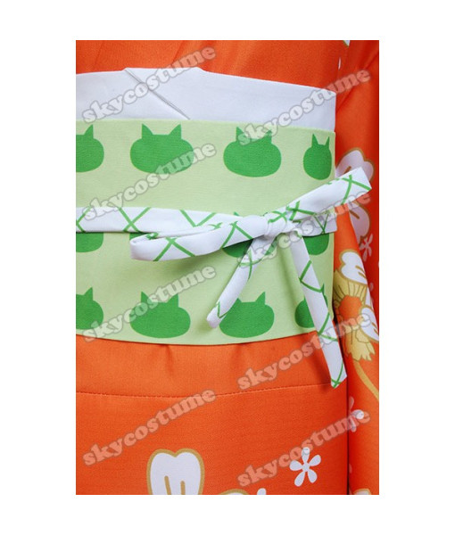 Women Orange Flower Pattern Printed Kimono Japanese Yukata Halloween Costume